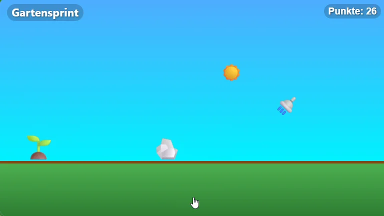 Gartensprint Spielscreenshot mit Pflanze, Sonne, Stein und Gießkanne im Garten-Jump-and-run
